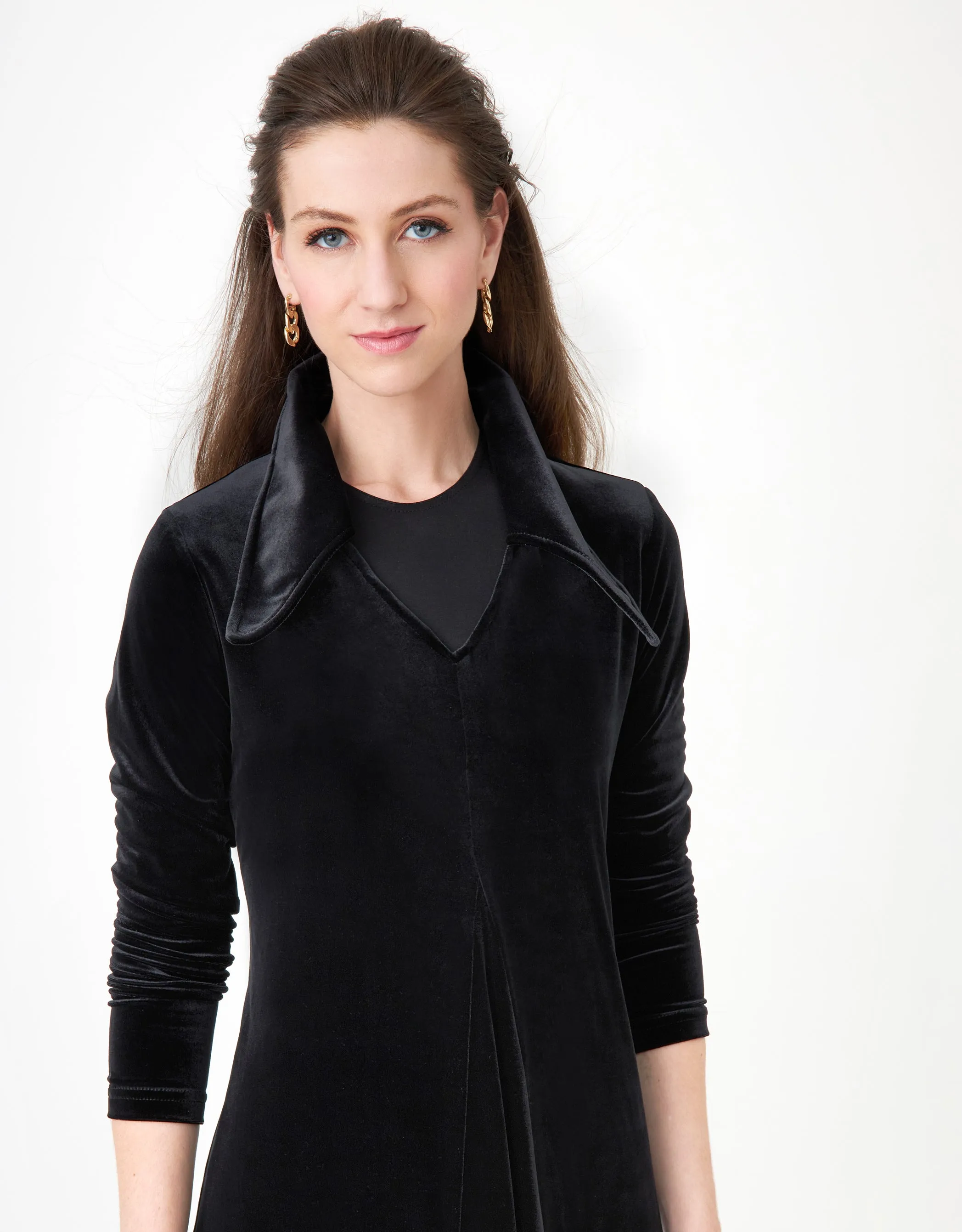 Velvet Maxi Dress Shabbos Robe with Pointy Collar and Center Pleat