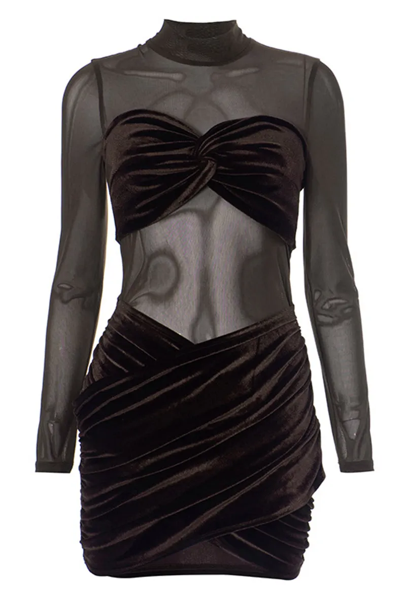 Velvet Mesh See Through Ruched Bodycon Mini Dress