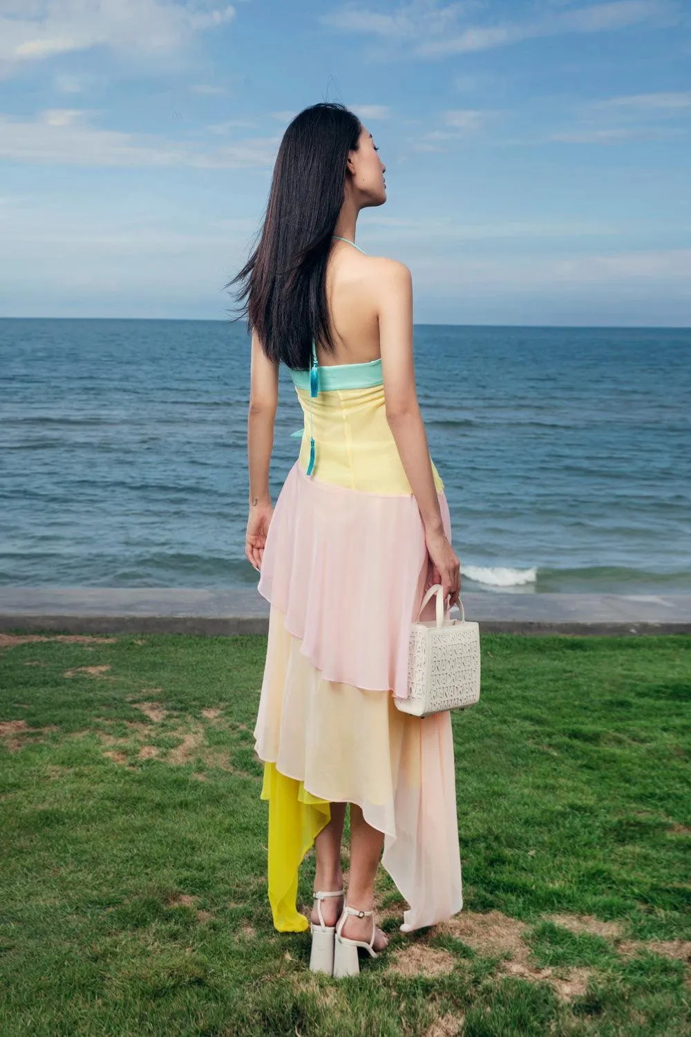 Veronica Asymmetric Halter Neck Organza Voile Floor Length Dress