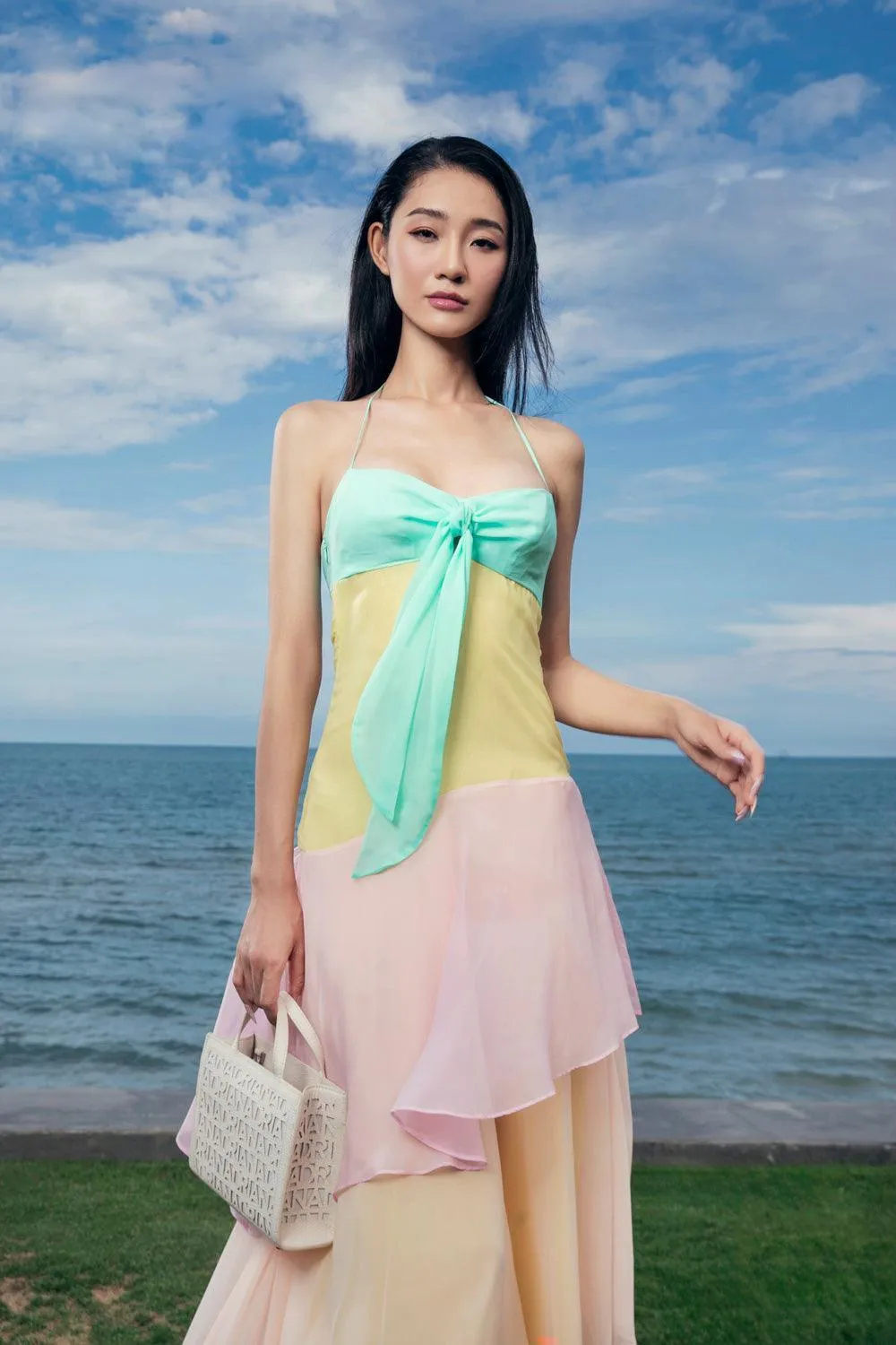 Veronica Asymmetric Halter Neck Organza Voile Floor Length Dress
