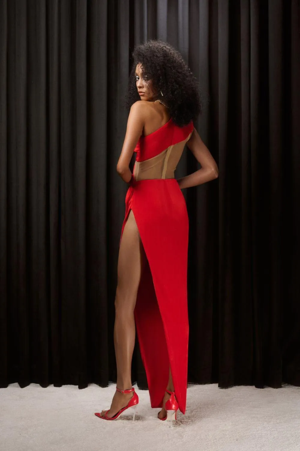 Veronica Asymmetric Slit Hem Mesh Spandex Floor Length Dress