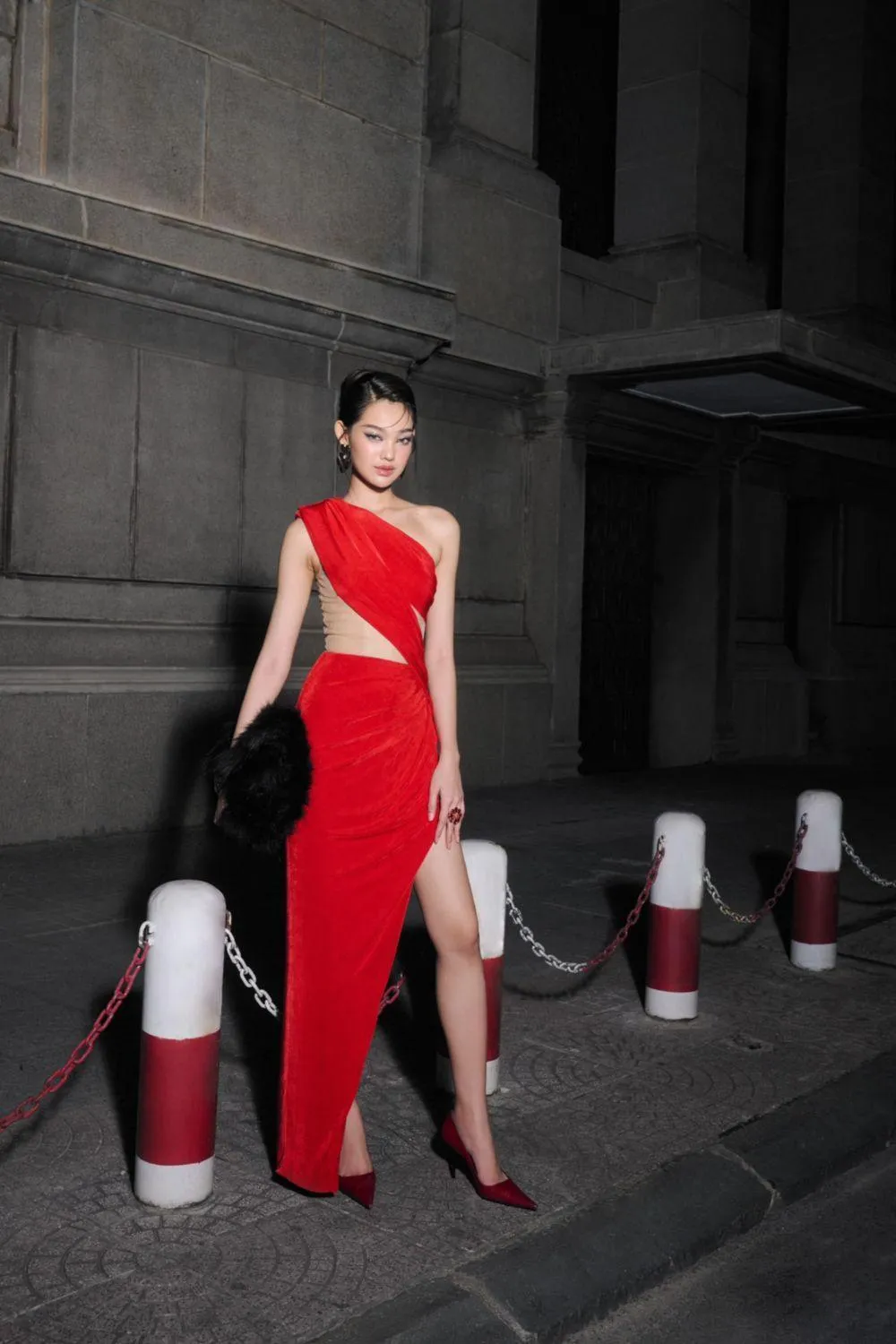 Veronica Asymmetric Slit Hem Mesh Spandex Floor Length Dress