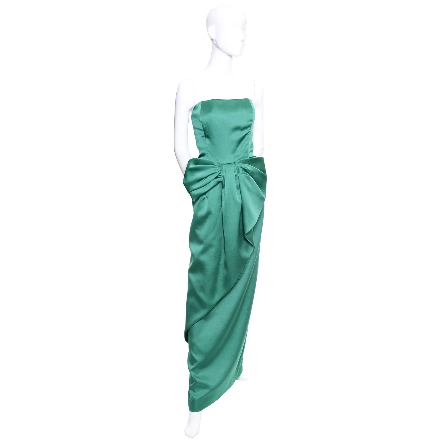 Victor Costa 1970's Green Satin Vintage Evening Gown