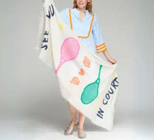 Vilagallo - Tennis Print Scarf with Fringe in White Multicolor
