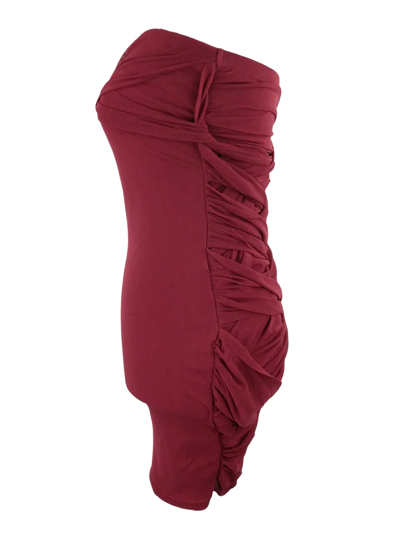 Vintage 2000s Y2K Avant Garde Maroon Burgundy Red Fitted Sleeveless Draped Mesh Pencil Mini Dress
