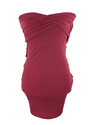 Vintage 2000s Y2K Avant Garde Maroon Burgundy Red Fitted Sleeveless Draped Mesh Pencil Mini Dress