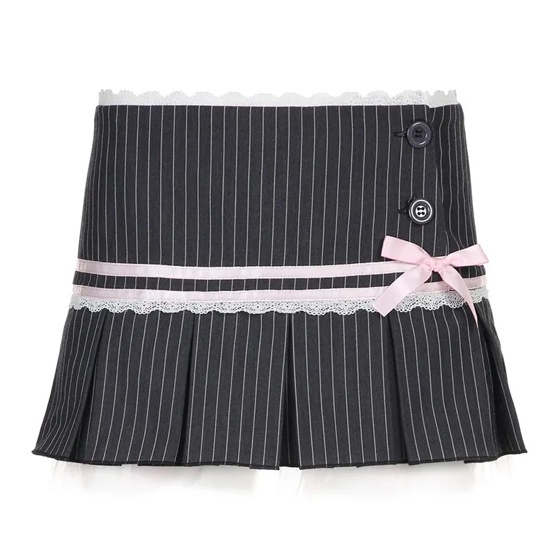 Vintage Aesthetic Lace Trim Bow Pleated Skirt