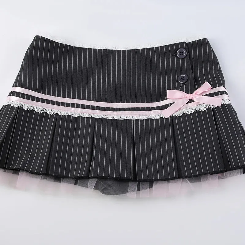 Vintage Aesthetic Lace Trim Bow Pleated Skirt