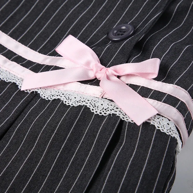 Vintage Aesthetic Lace Trim Bow Pleated Skirt
