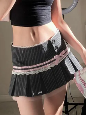 Vintage Aesthetic Lace Trim Bow Pleated Skirt