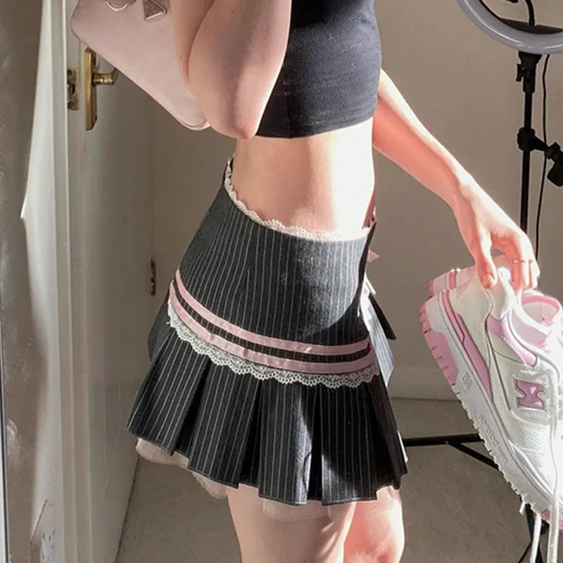 Vintage Aesthetic Lace Trim Bow Pleated Skirt