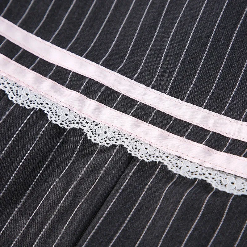 Vintage Aesthetic Lace Trim Bow Pleated Skirt