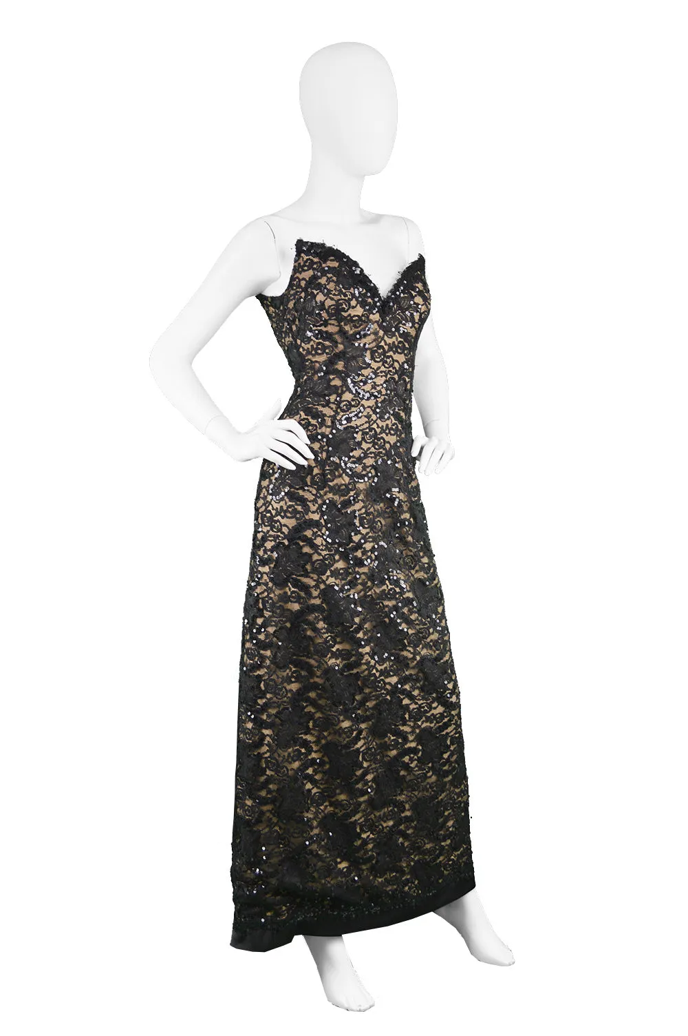 Vintage Nude & Black Lace Evening Gown, 1990s
