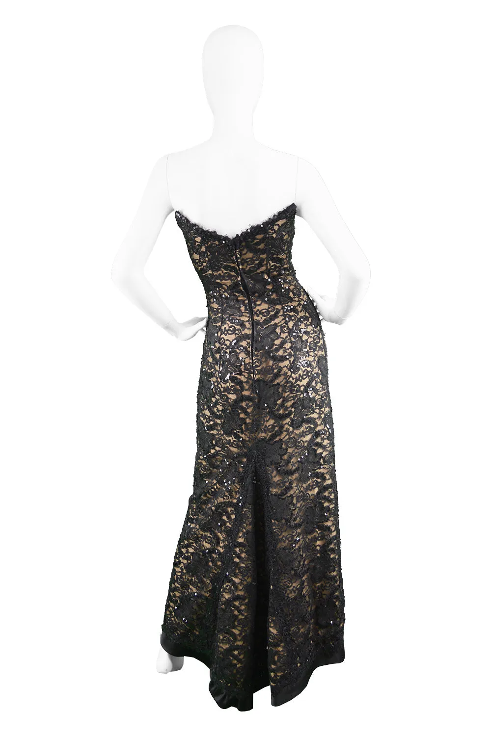 Vintage Nude & Black Lace Evening Gown, 1990s