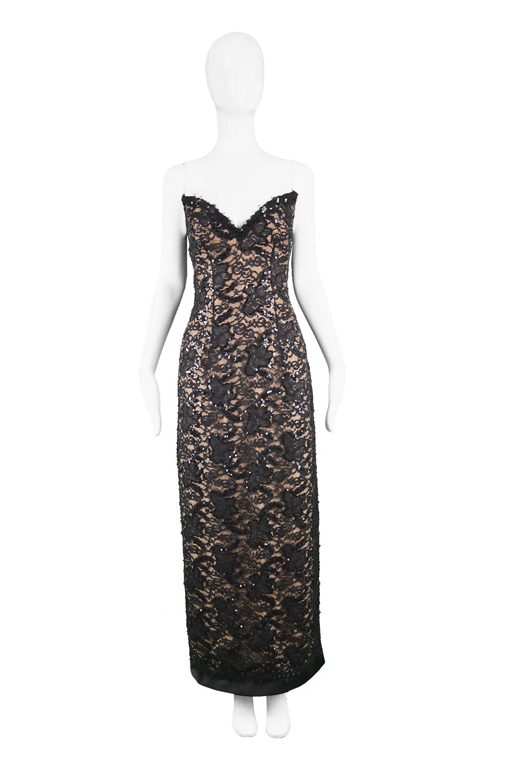 Vintage Nude & Black Lace Evening Gown, 1990s
