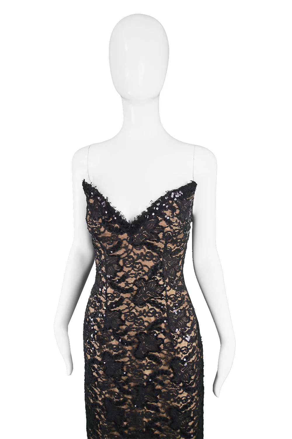 Vintage Nude & Black Lace Evening Gown, 1990s