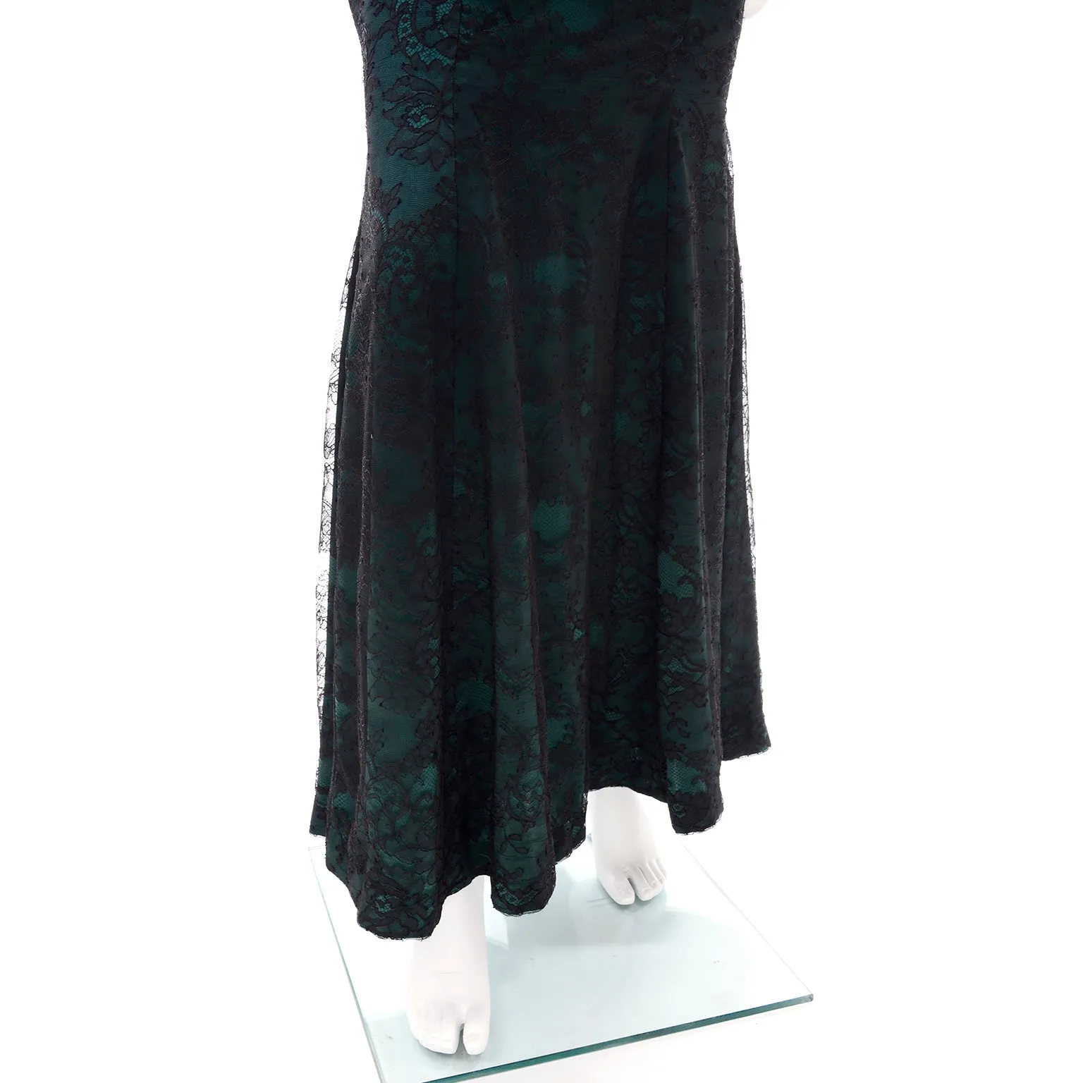 Vintage Thierry Mugler Green Silk Trumpet Evening Dress W Black Velvet Lace
