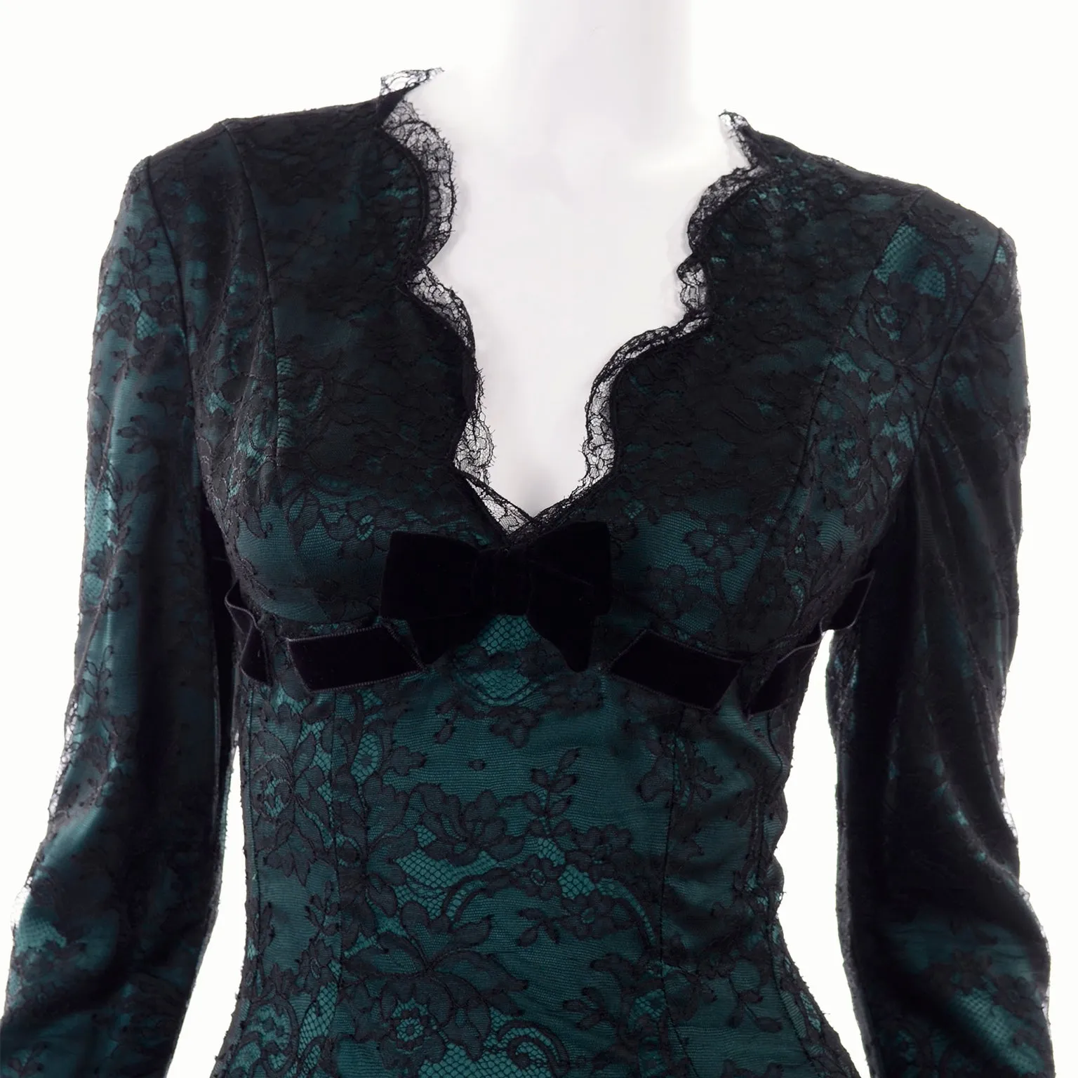 Vintage Thierry Mugler Green Silk Trumpet Evening Dress W Black Velvet Lace