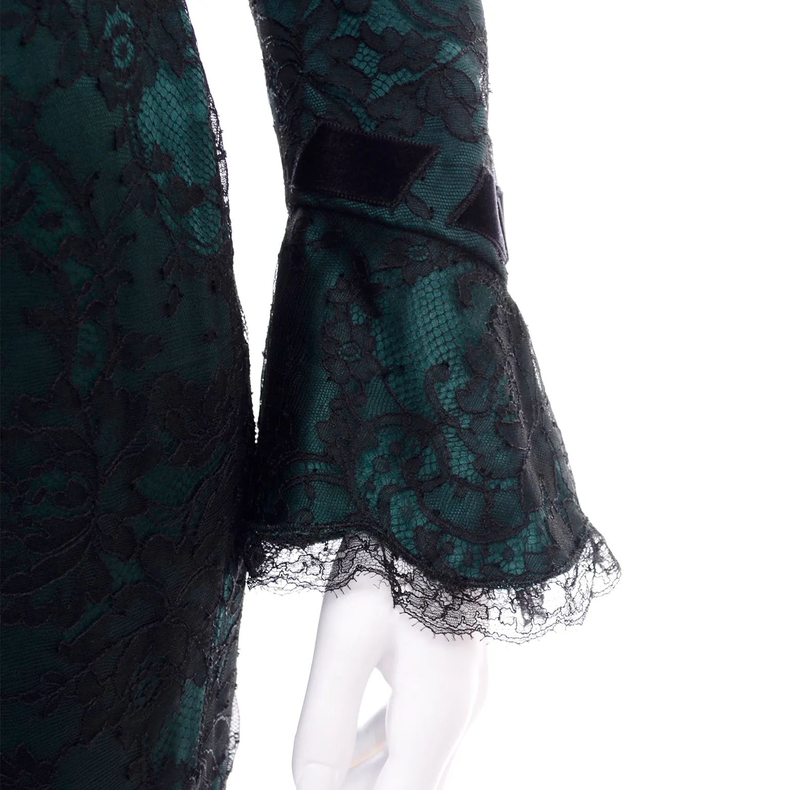 Vintage Thierry Mugler Green Silk Trumpet Evening Dress W Black Velvet Lace