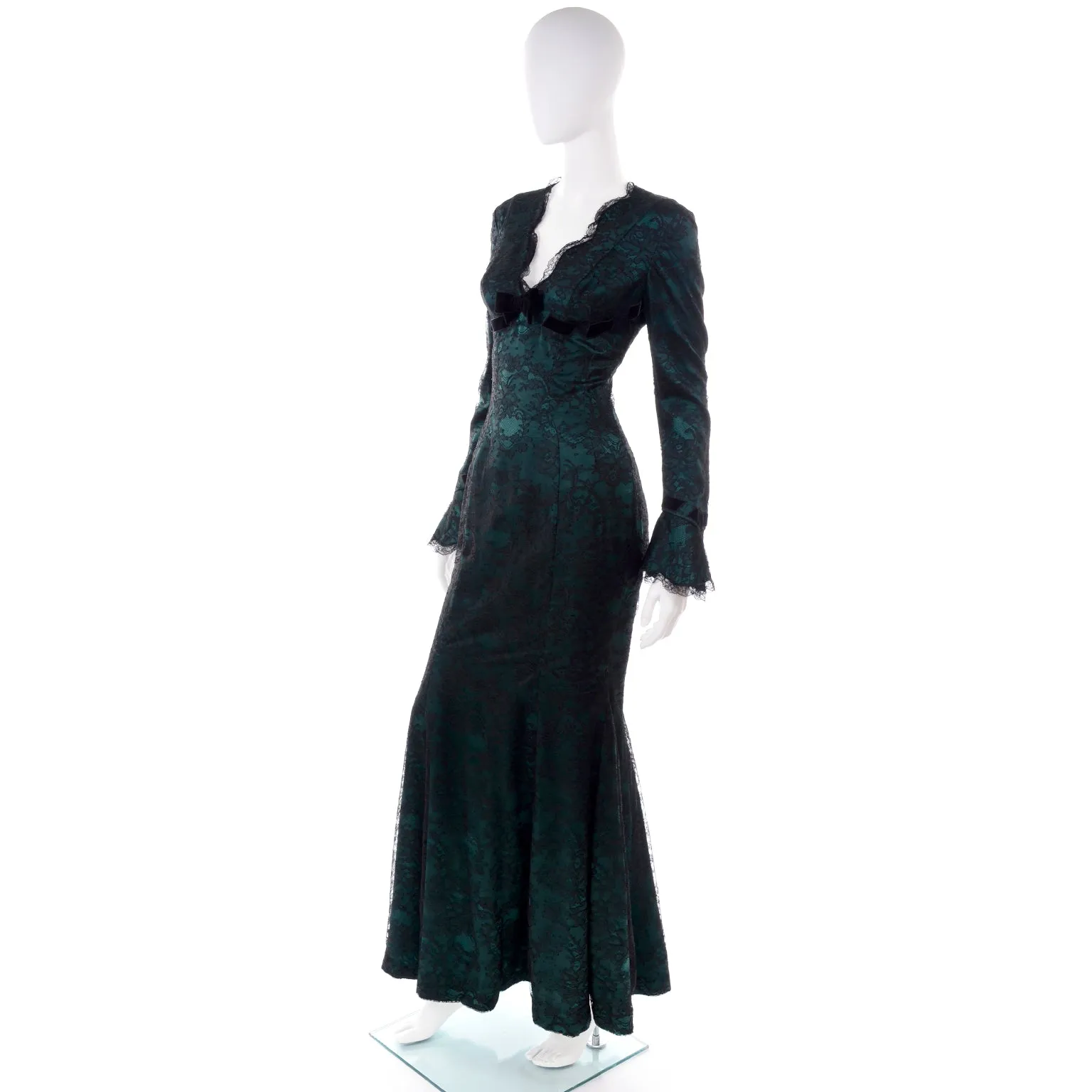 Vintage Thierry Mugler Green Silk Trumpet Evening Dress W Black Velvet Lace