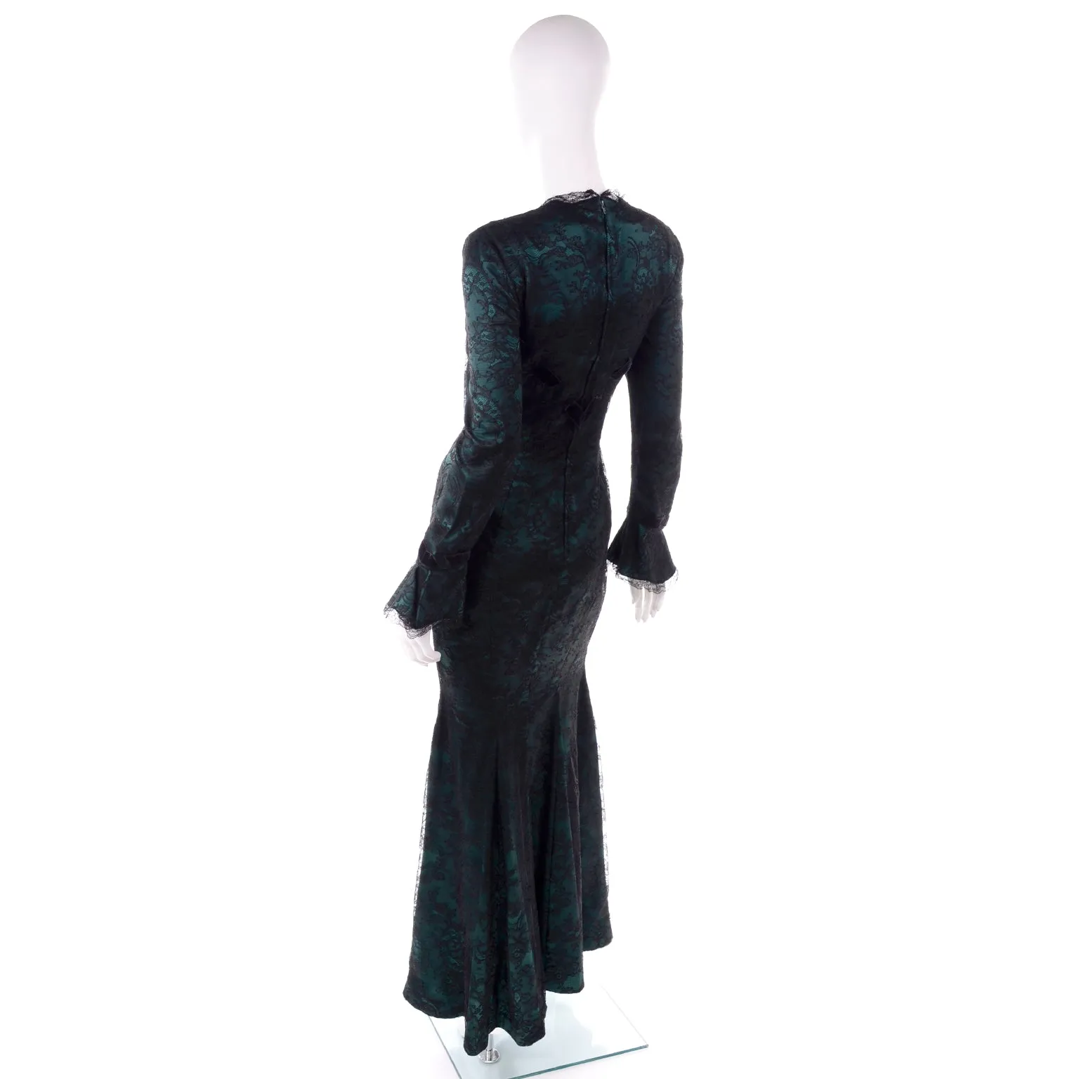 Vintage Thierry Mugler Green Silk Trumpet Evening Dress W Black Velvet Lace