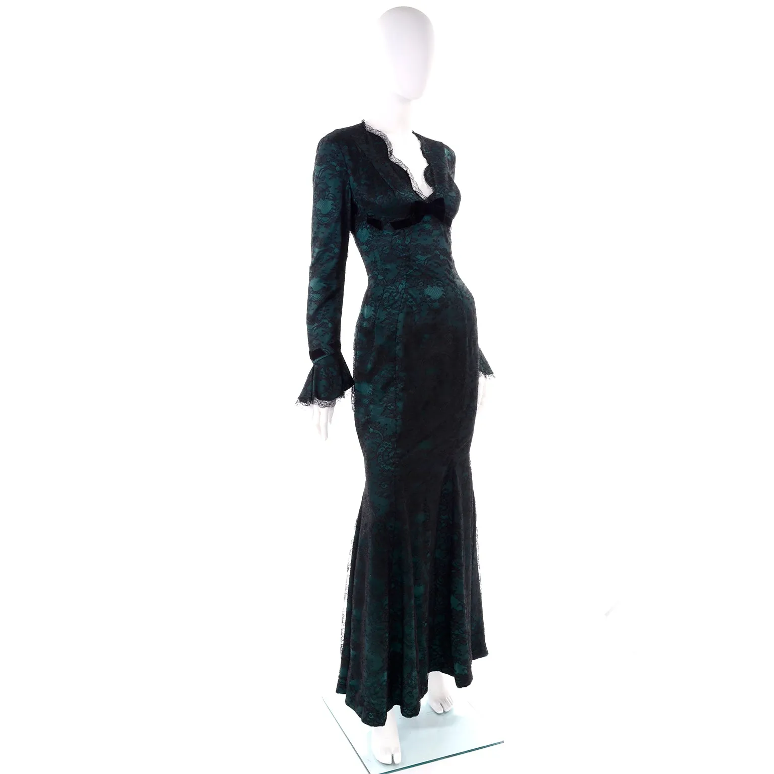 Vintage Thierry Mugler Green Silk Trumpet Evening Dress W Black Velvet Lace