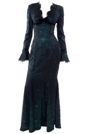 Vintage Thierry Mugler Green Silk Trumpet Evening Dress W Black Velvet Lace