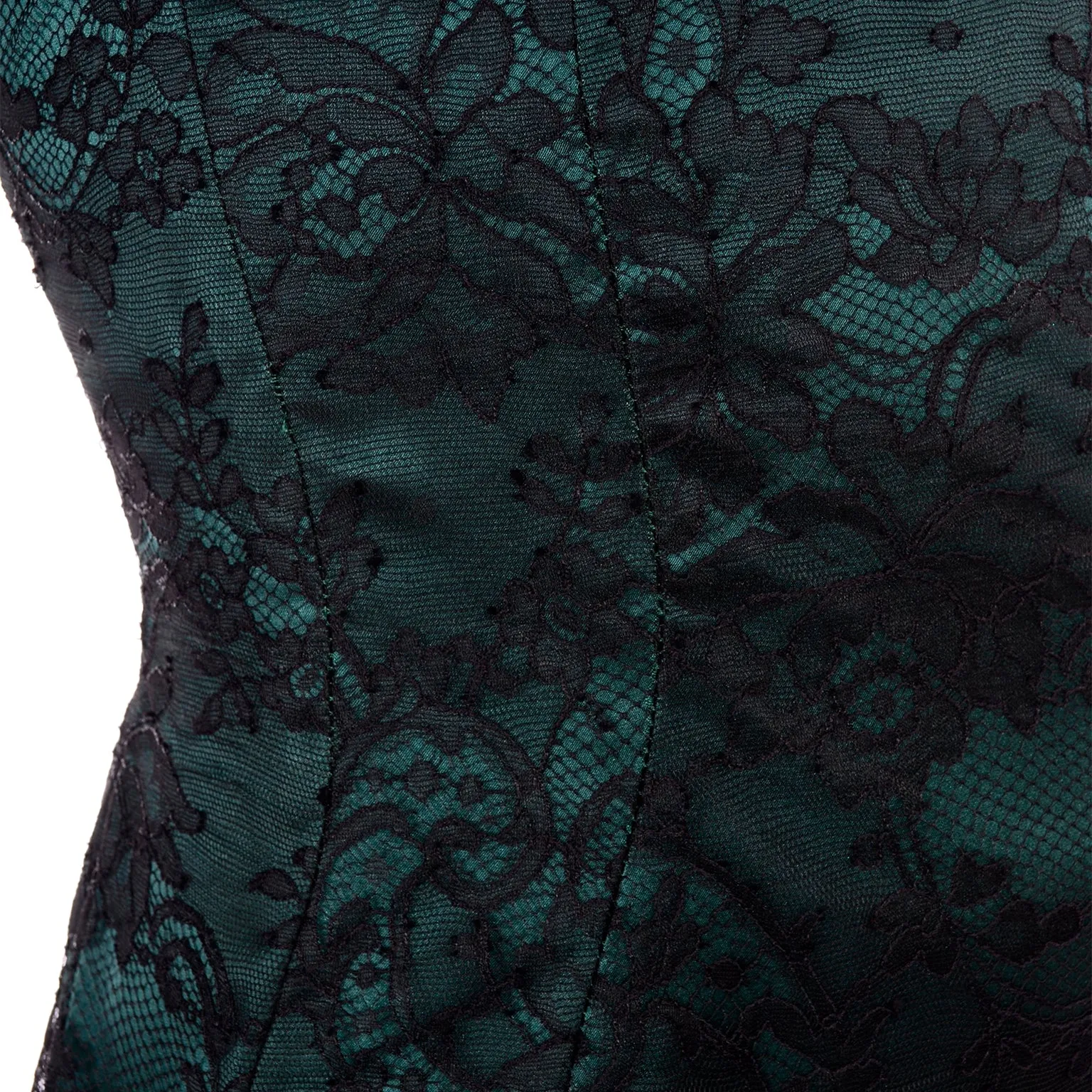 Vintage Thierry Mugler Green Silk Trumpet Evening Dress W Black Velvet Lace