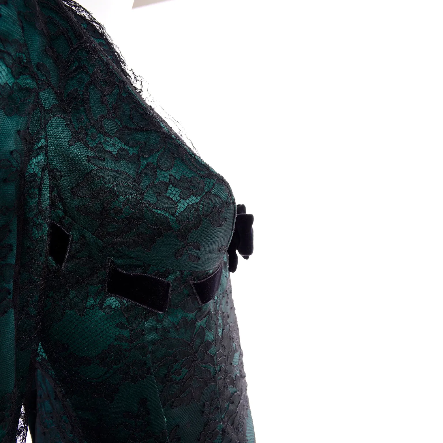 Vintage Thierry Mugler Green Silk Trumpet Evening Dress W Black Velvet Lace