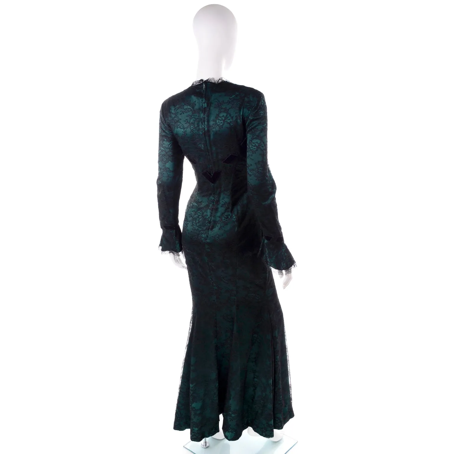Vintage Thierry Mugler Green Silk Trumpet Evening Dress W Black Velvet Lace