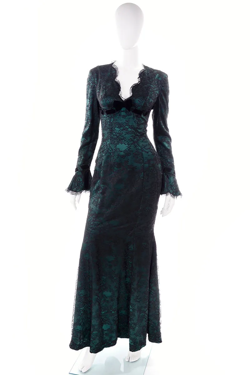 Vintage Thierry Mugler Green Silk Trumpet Evening Dress W Black Velvet Lace