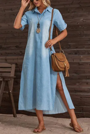 Washed Turn Down Collar Side Split Denim Maxi Dress QTN042