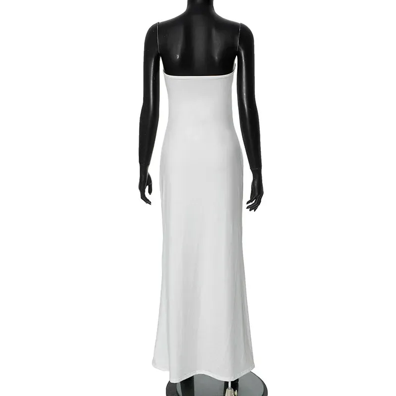White Front Cut Charming Design Tube Maxi Dress