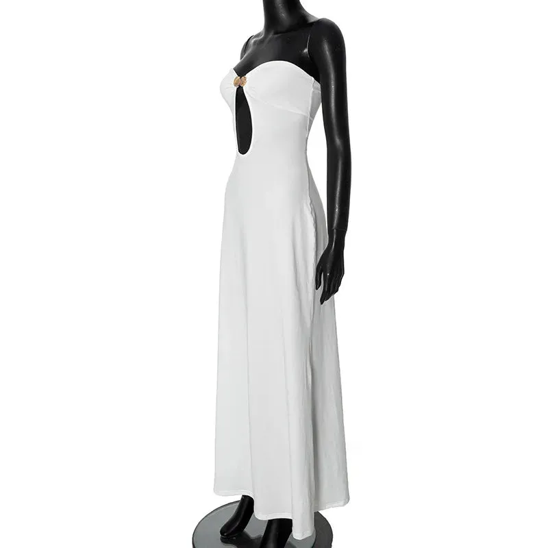 White Front Cut Charming Design Tube Maxi Dress