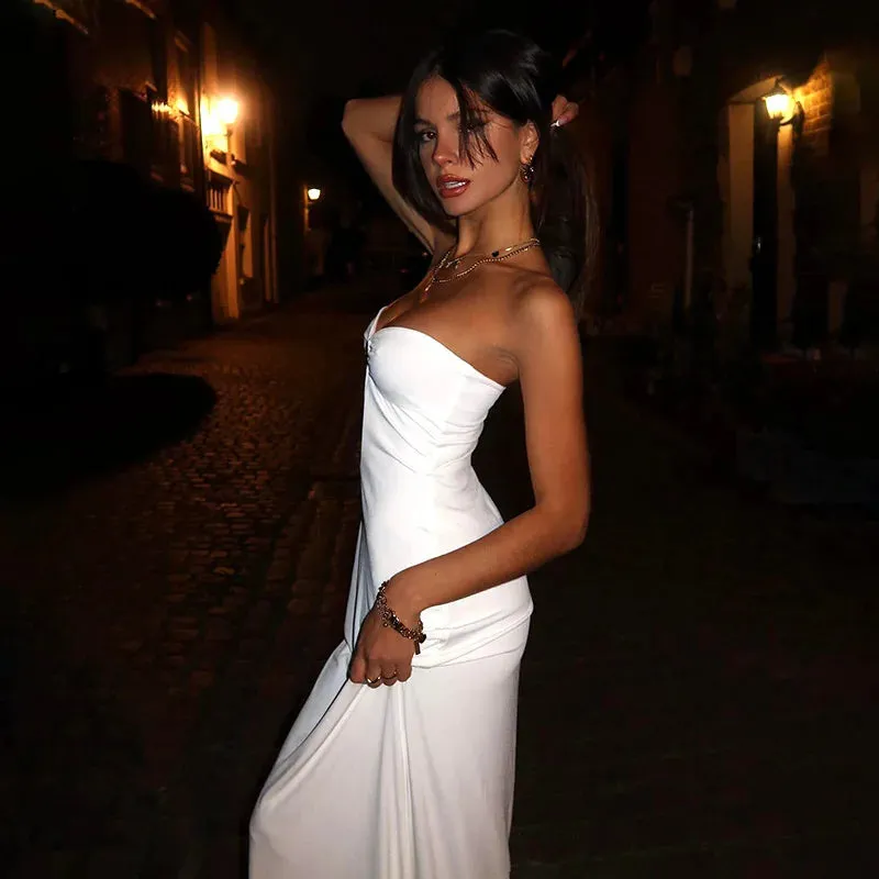 White Front Cut Charming Design Tube Maxi Dress