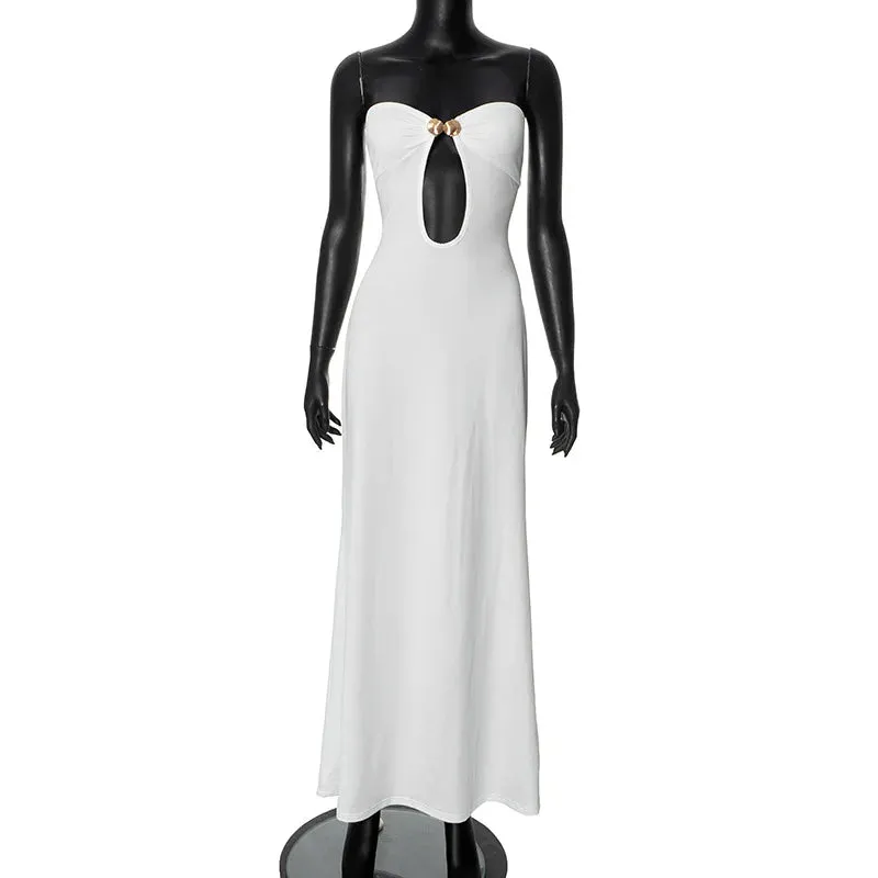White Front Cut Charming Design Tube Maxi Dress
