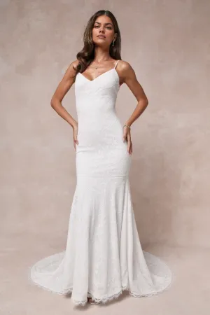 White Lace V-Neck Trumpet Hem Maxi Dress Chapel Train Wedding Dress