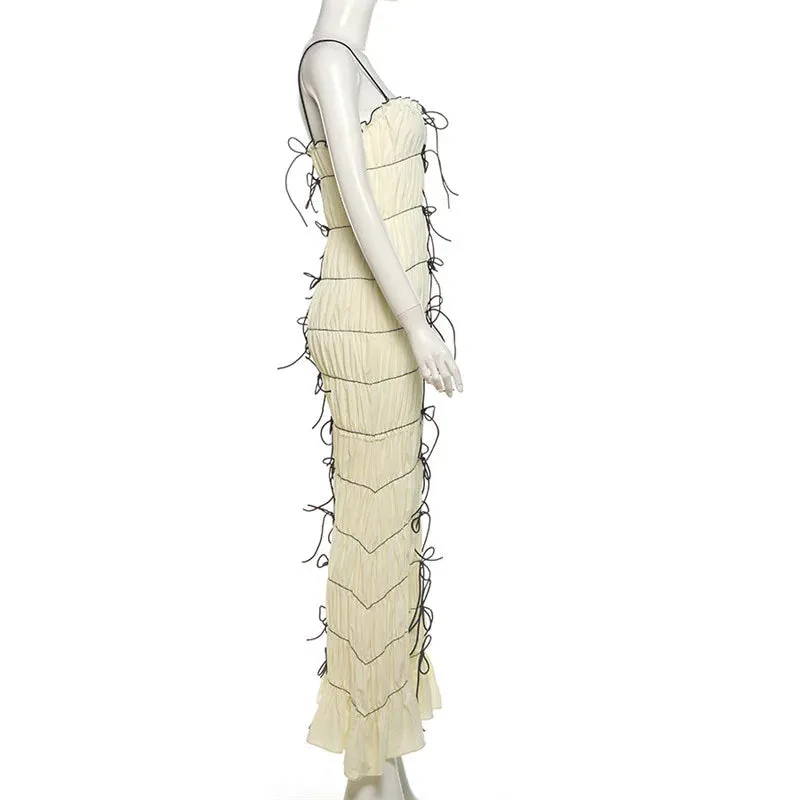 White Ruched Stylish Drawstring Maxi Dress