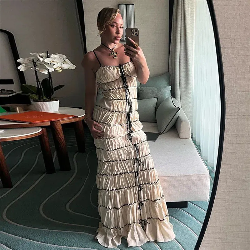 White Ruched Stylish Drawstring Maxi Dress