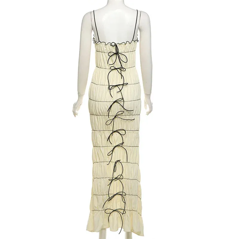 White Ruched Stylish Drawstring Maxi Dress