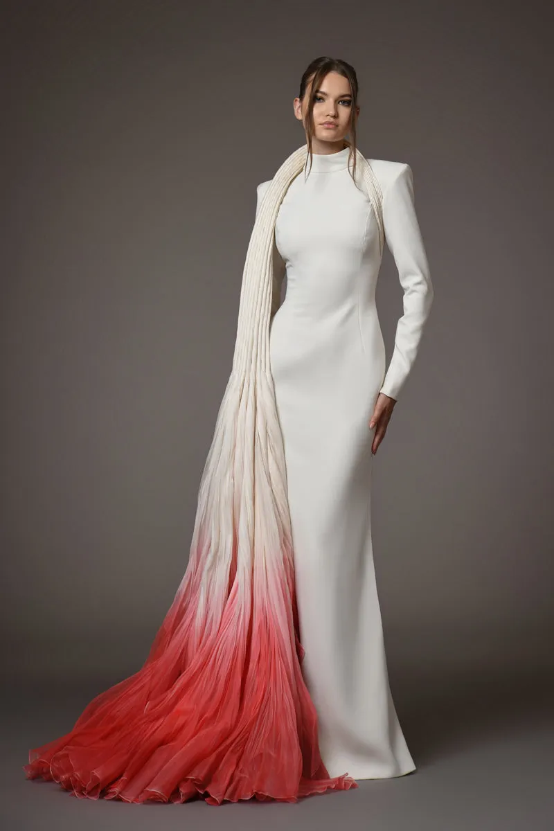 White silk crêpe dress with a dramatic ombré mermaid tail in rippling silk organza