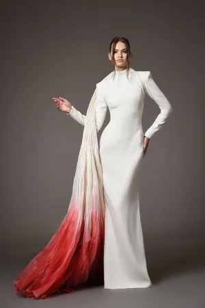 White silk crêpe dress with a dramatic ombré mermaid tail in rippling silk organza
