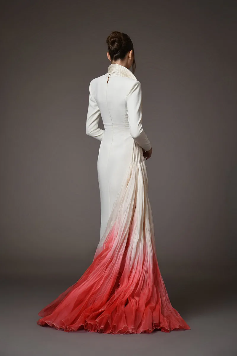 White silk crêpe dress with a dramatic ombré mermaid tail in rippling silk organza