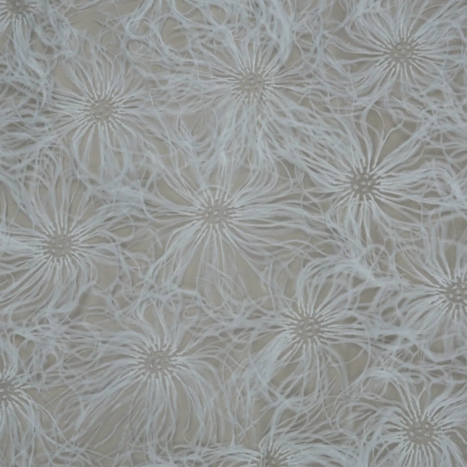 White Tulle with Floral Feathers and Bugle Beads Fabric