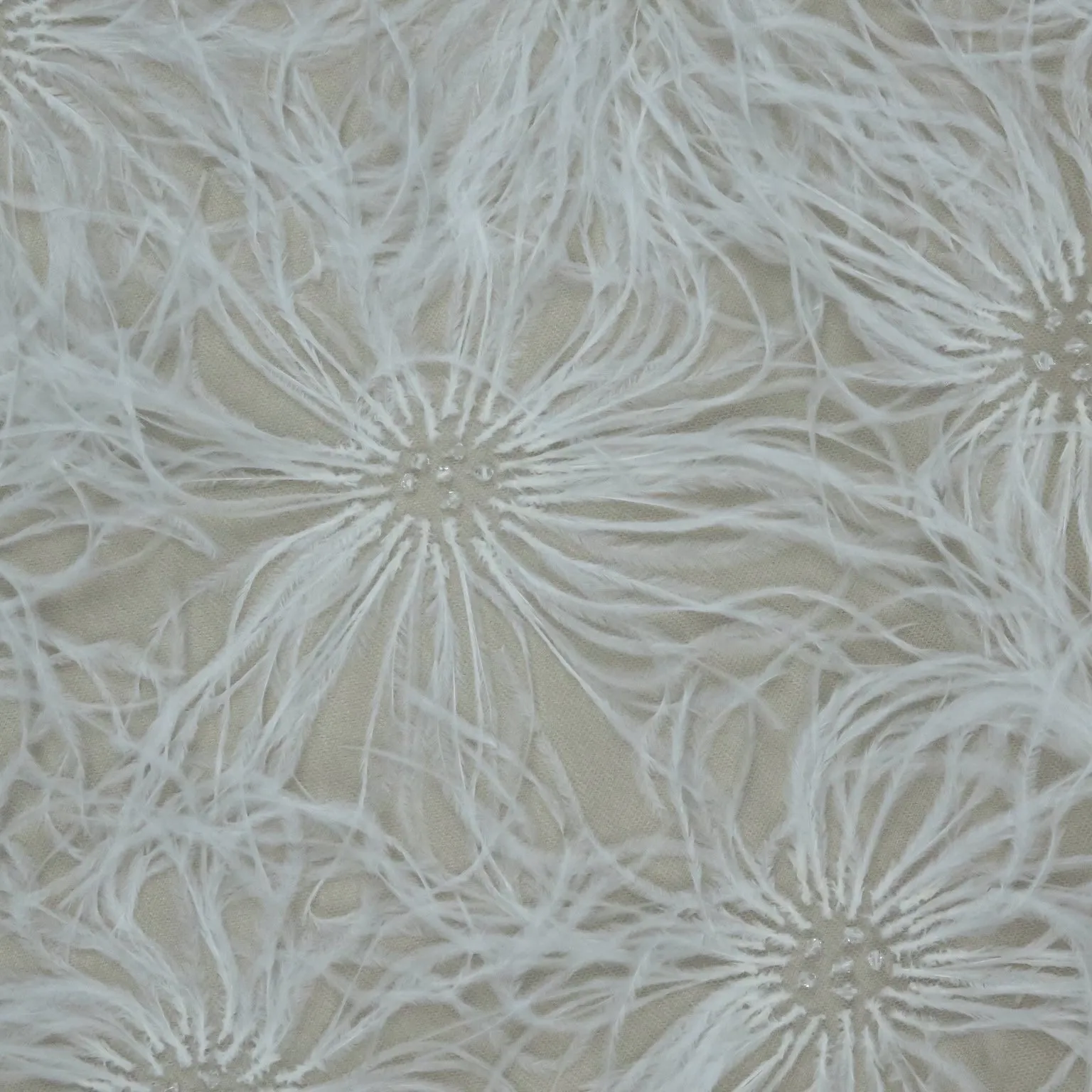 White Tulle with Floral Feathers and Bugle Beads Fabric
