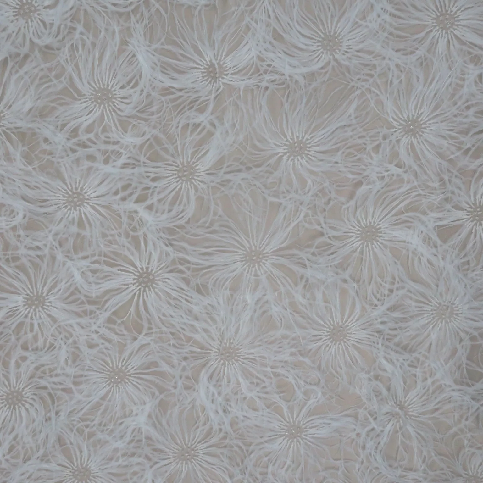 White Tulle with Floral Feathers and Bugle Beads Fabric
