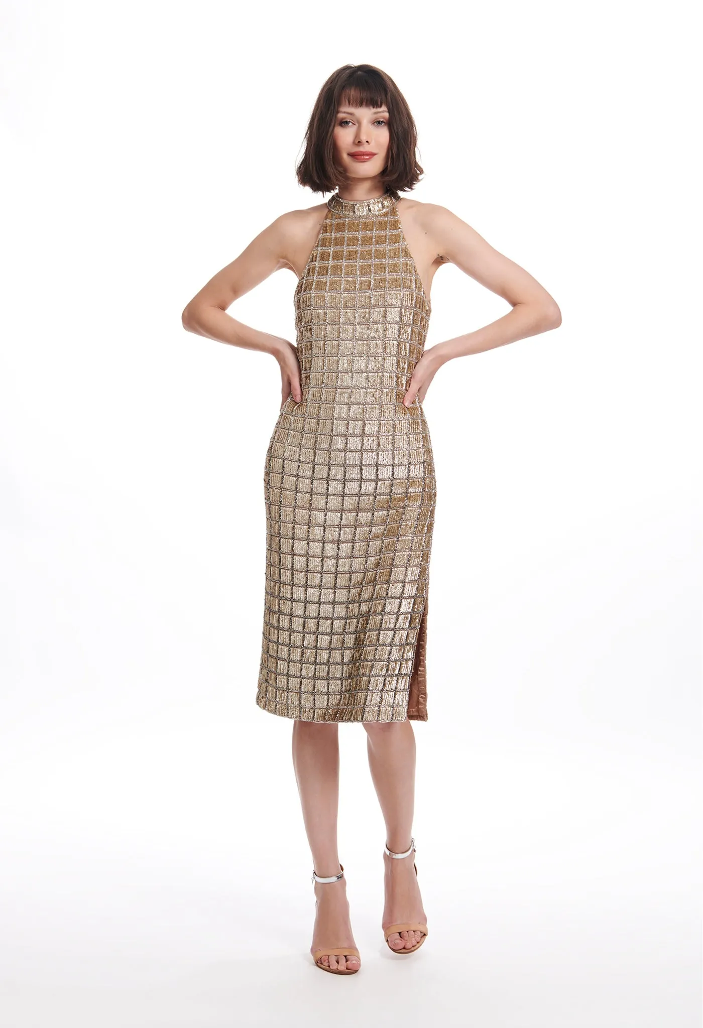 WINDOWPANE SEQUIN MOCK-NECK DRESS