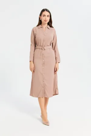 Woman Taupe Belted Shirt Dress