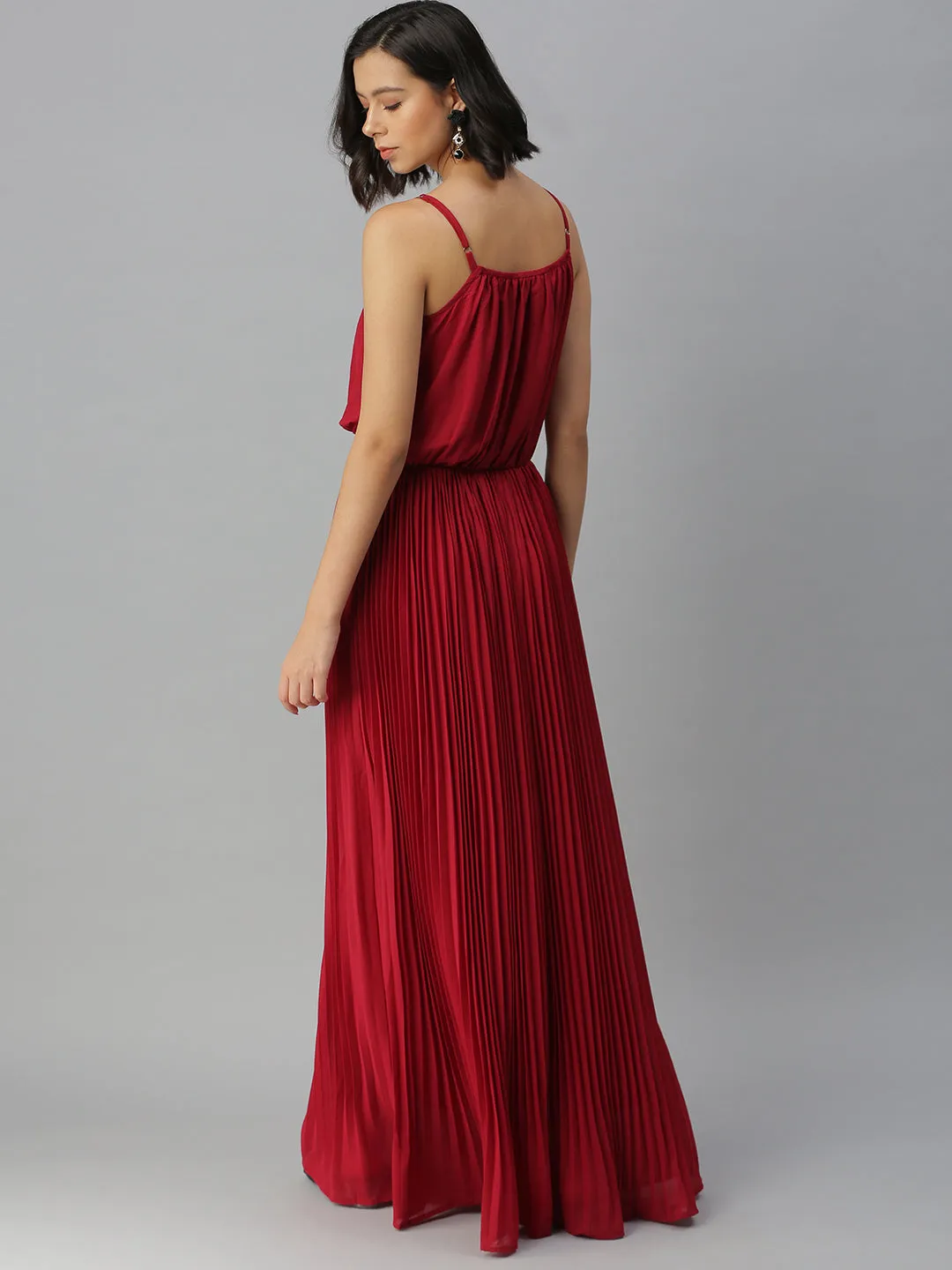 Women Shoulder Straps Embellished Maxi Maroon Dress