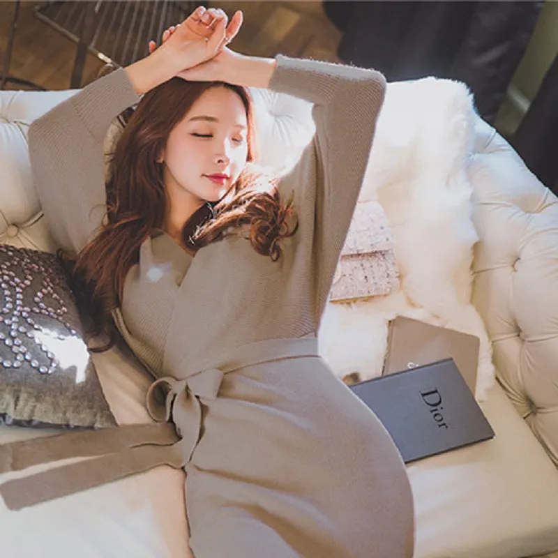 Women's Autumn Casual Sheath V-Neck Sweater Short Dress